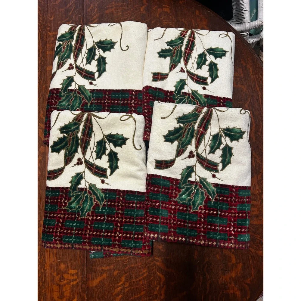 Lenox Holiday Nouveau Christmas Bath Towel Set 4 Holly Plaid Gold Glitter Ivory
